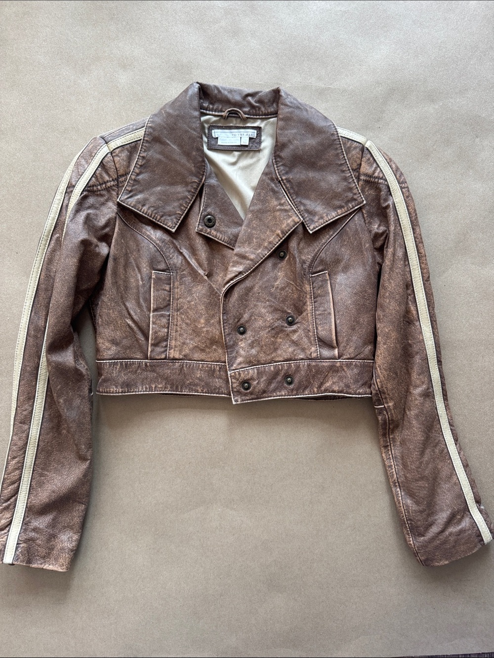 To the Max Cropped Brown Faux Leather Jacket with Cream Sleeve Stripes